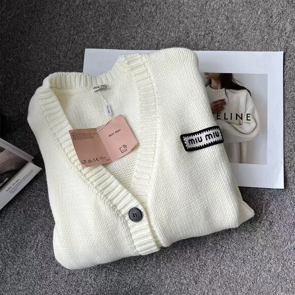 Miu Miu Off-White V-Neck Knit Cardigan, Loose Fit, Versatile, Preppy Style